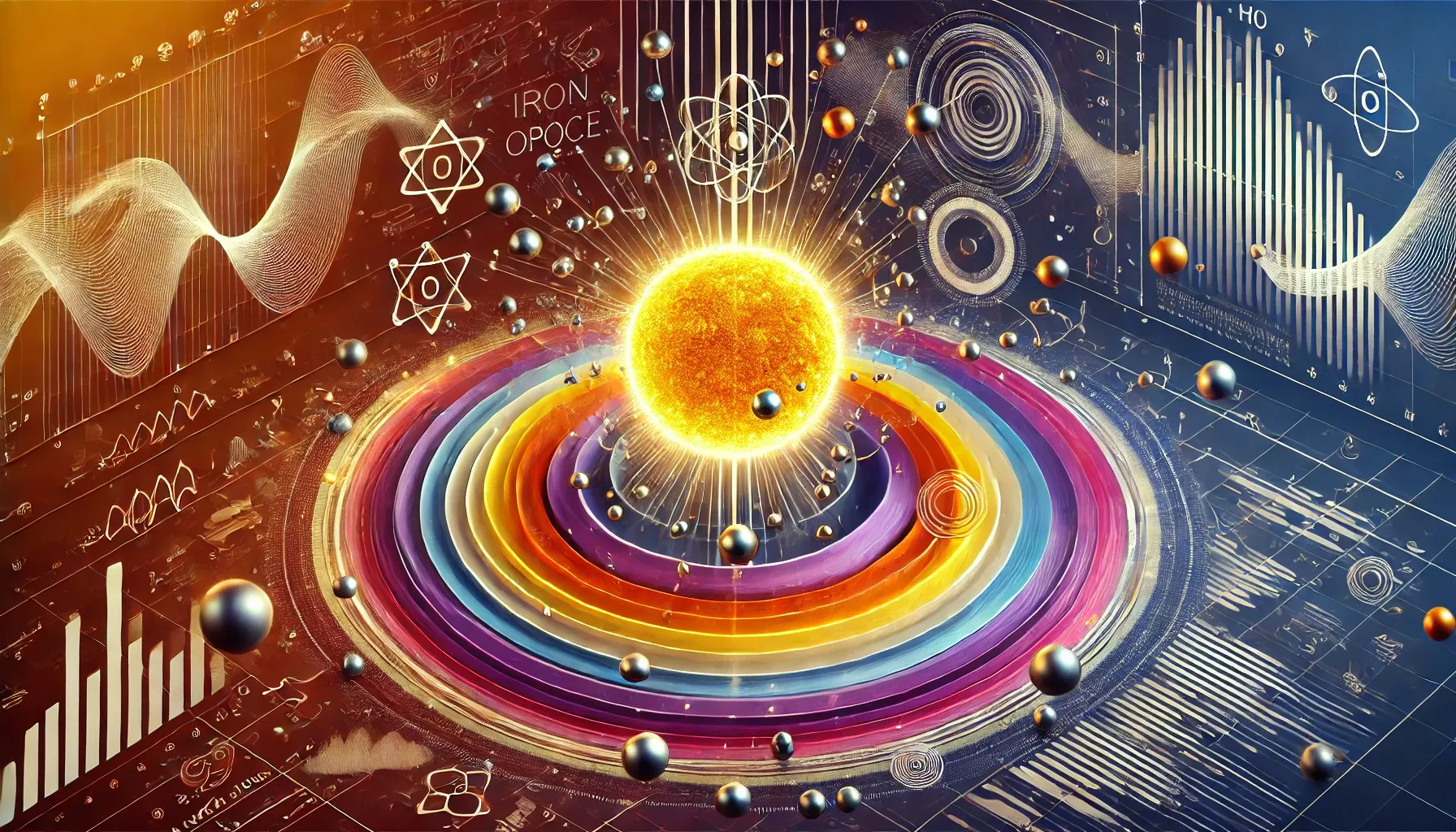 A symbolic, abstract, and informative 16_9 hero image for educational purposes depicting the concept of iron opacity and solar modeling.
